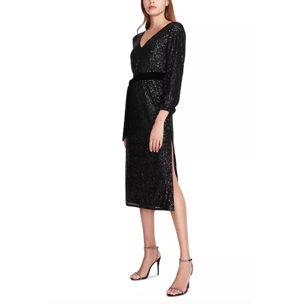 Betsey Johnson Black Sequin Midi Dress Long Sleeve V Neck Party Cocktail M